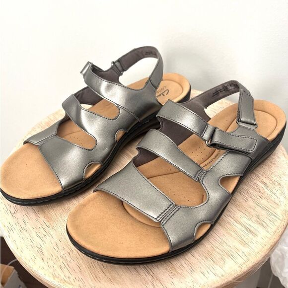 Clarks Laurieann Style Adjustable walking Sandals Pewter Metallic Sz 11 NWOB - Picture 2 of 8